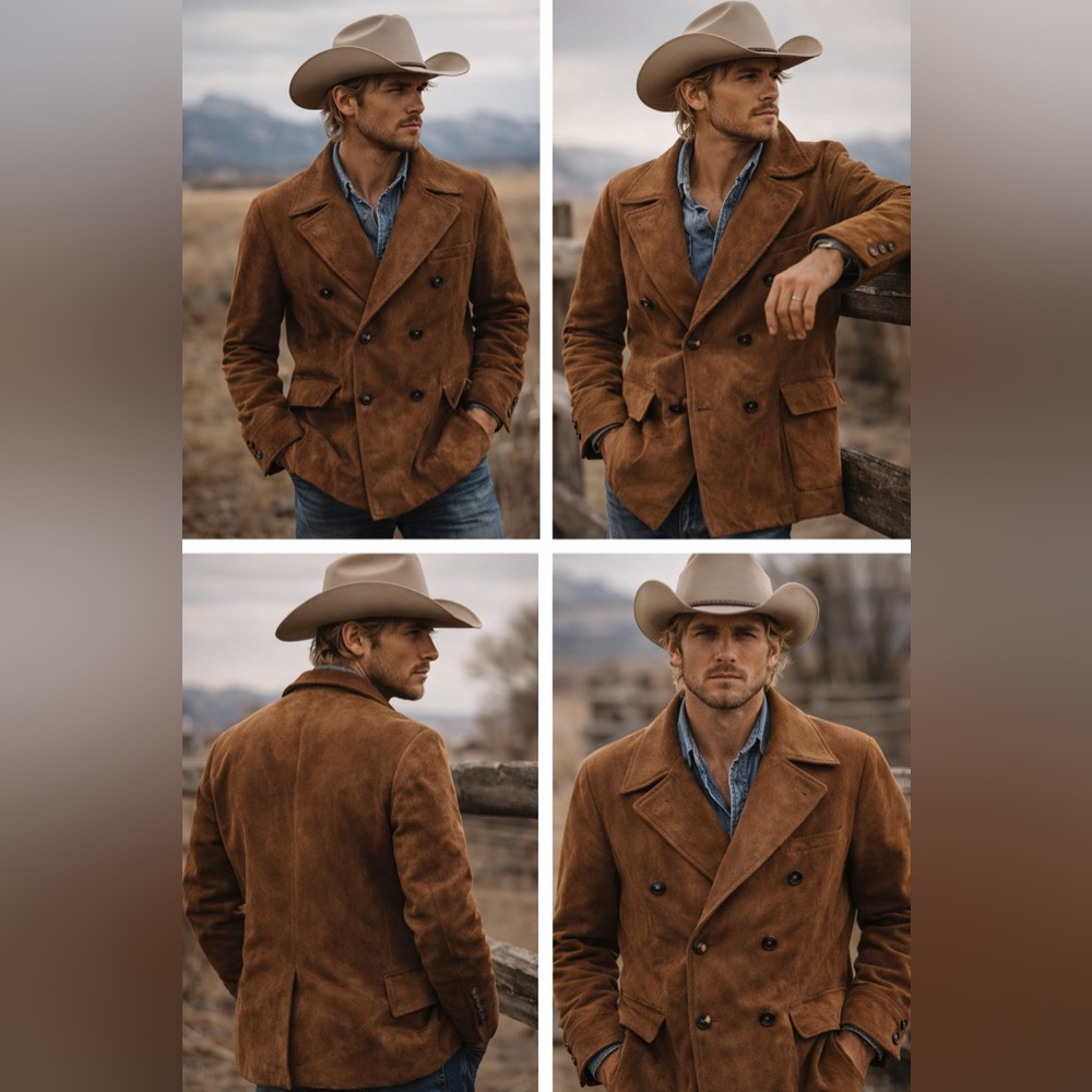 Men’s Brown Suede Leather Double Breasted Coat Size 40